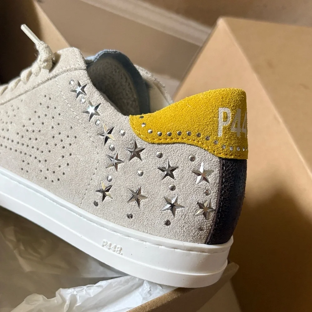 P448 Beige Suede Low-Top Sneakers with Yellow Heel - Picture 8 of 8